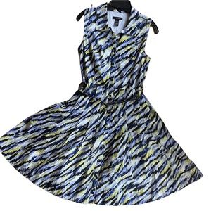 2/$30 Vintage Alfani Drop Pleat Sleeveless Shirt Dress Size 6 Indigo Green Black